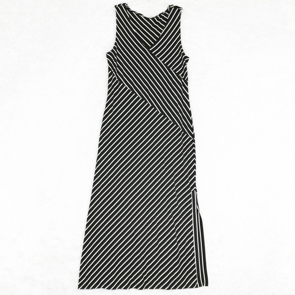 Nina Leonard Womens Maxi Dress Black White Stripe Sleeveless Slit V Neck XL